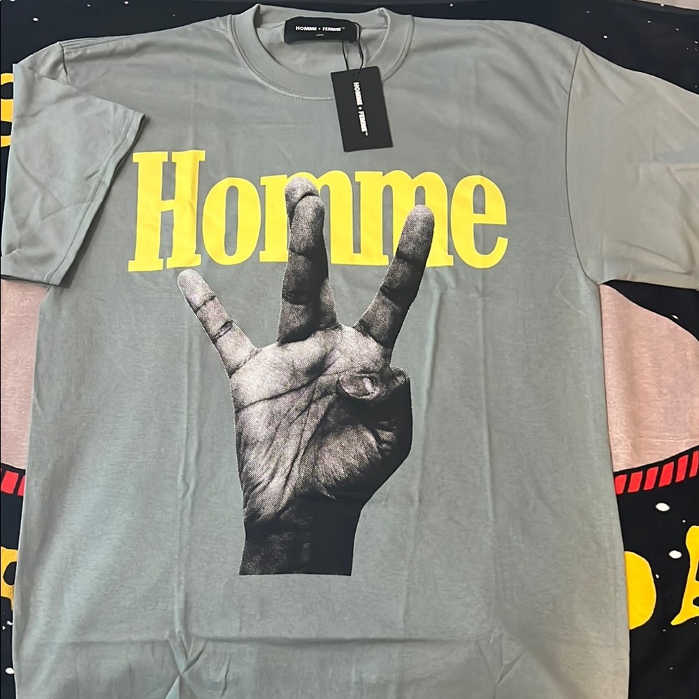 Homme Femme Twisted Fingers Tee Sage with Yellow and Red